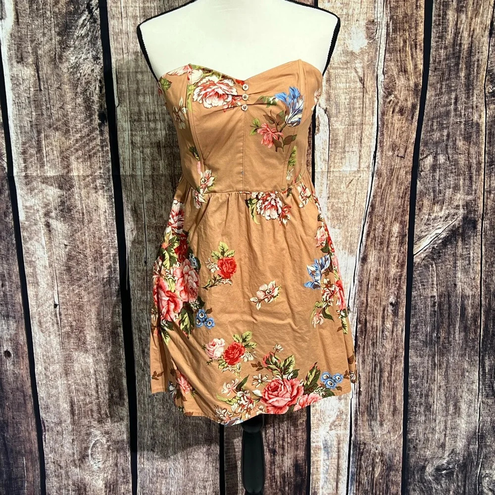 Xhilaration Tan Floral Corset Top Strapless Summer Dress with Pockets - sz MED
